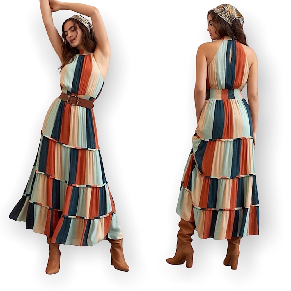 Farm Rio Maxi Dress Color Block Metallic Stripe Tiered Sleeveless Small Petite